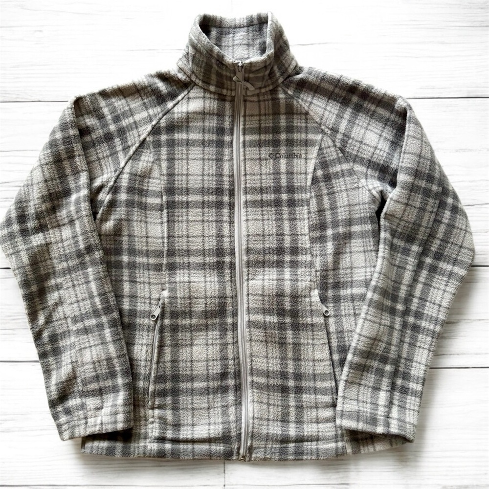 Columbia Sportswear Fleece Jacket Gray Plaid Full Zip Soft Cozy Lightweight Coat